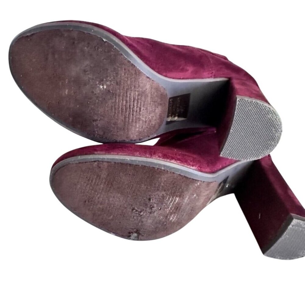Burgundy Suede Ankle Booties With Front Zipper & Block Heels - Picture 10 of 13